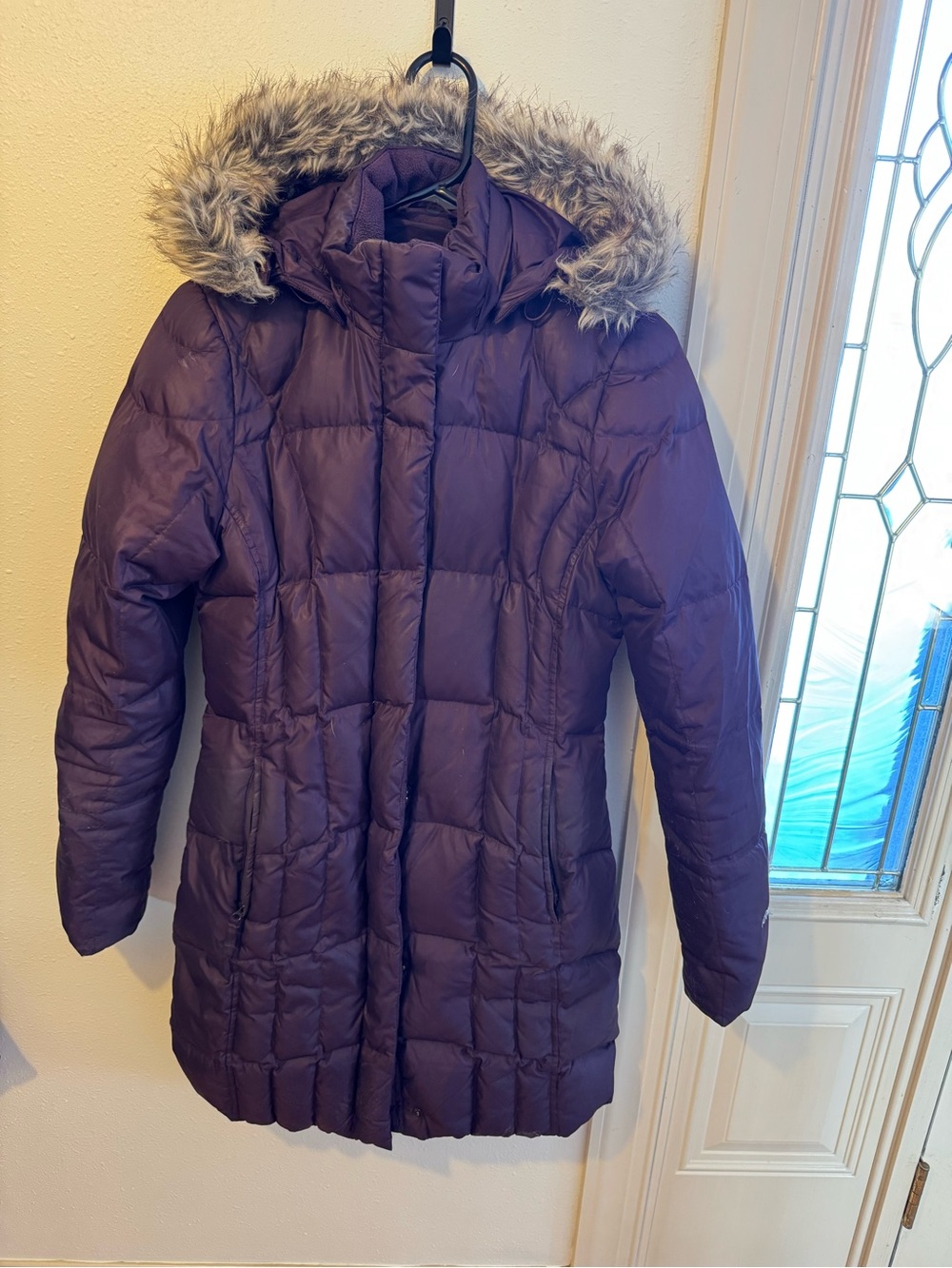 Eddie Bauer Women's Purple Puffer Coat with Faux Fur Hood
